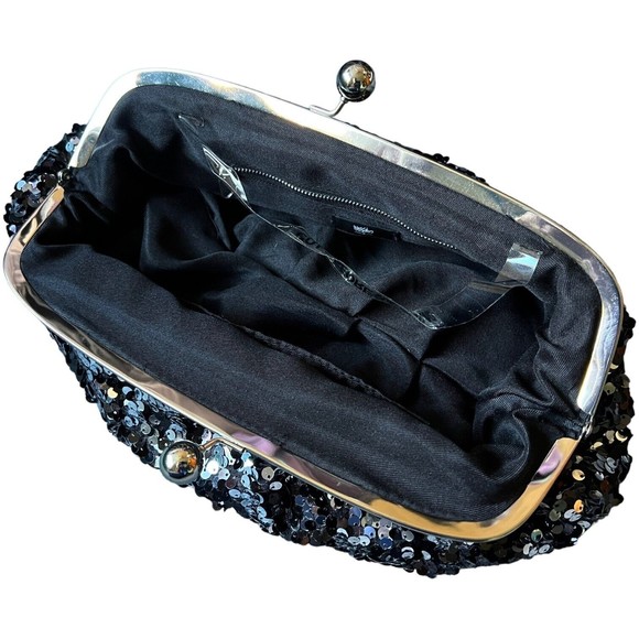 Mossimo Black Sequin Kiss Lock Clutch 13" W x 9" H Scrunchy Glitter Purse - Picture 4 of 12
